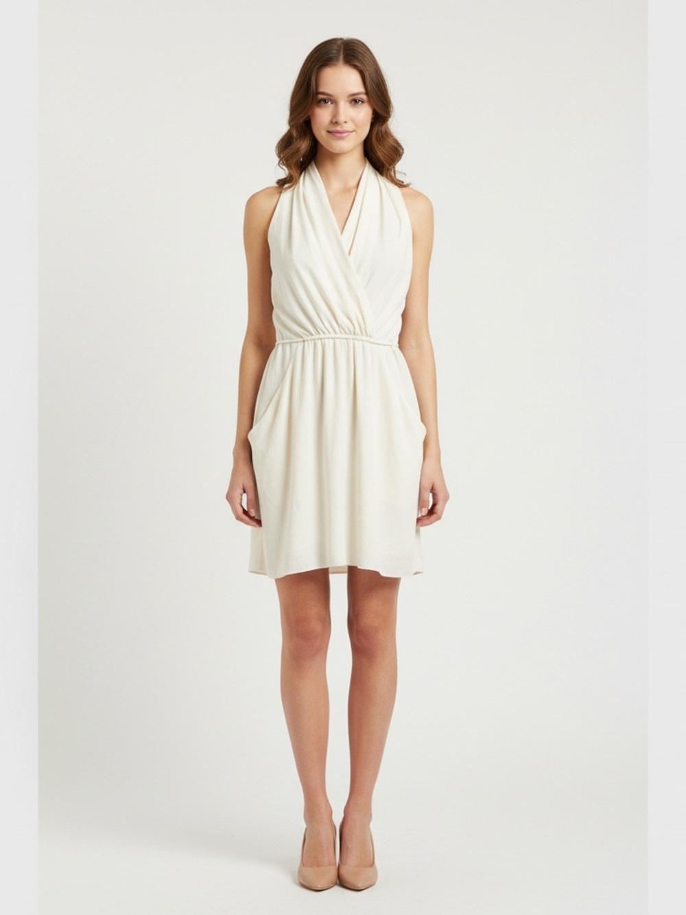 Wilfred Cream Sleeveless Halter Wrap Mini Dress
